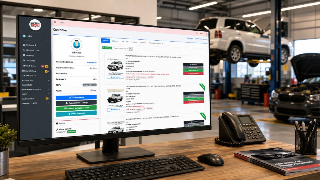 Flow5 running on a workshop desk, with vehicles on the floor behind the screen