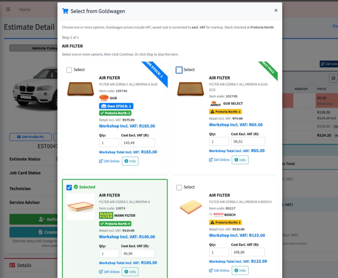 Flow5 parts selector showing local supplier options with workshop pricing and stock by branch