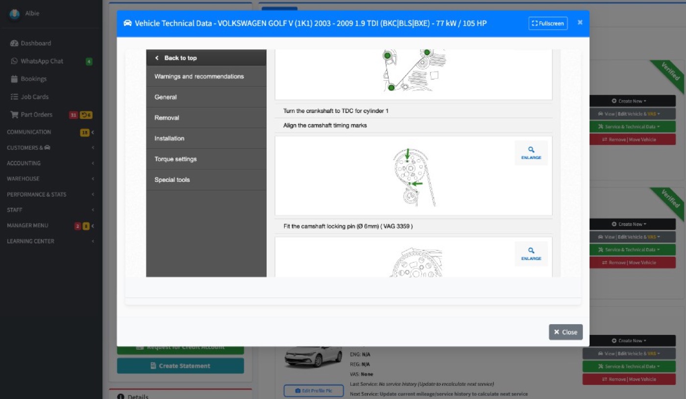 Flow5 Vehicle Technical Data showing procedures and diagrams for a Volkswagen Golf