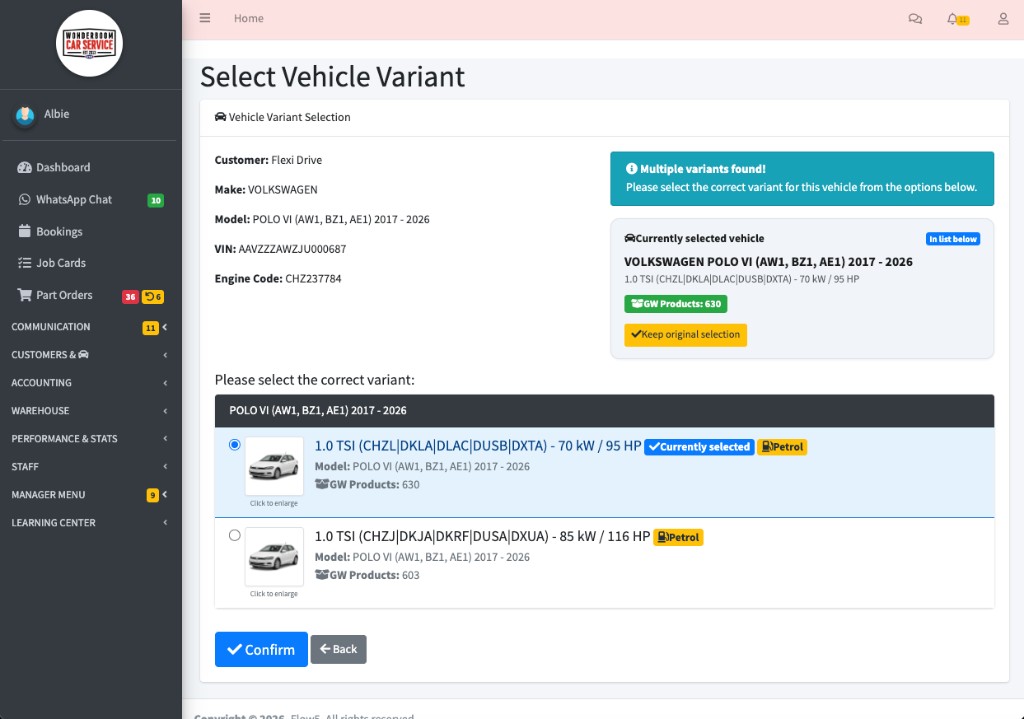 Flow5 Select Vehicle Variant screen decoding a VIN into matching model and engine options