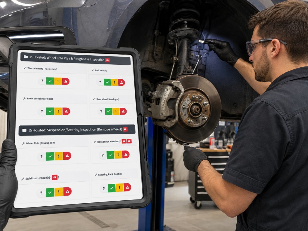 Technician inspecting a vehicle while using Flow5 digital inspection checklists on a tablet